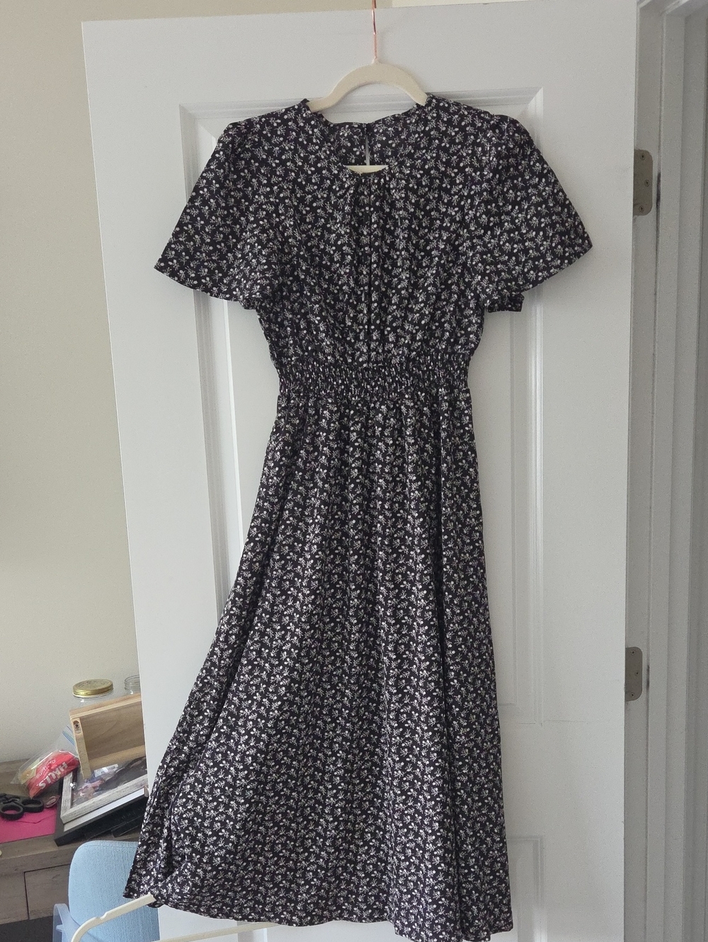 SHEIN Black Floral Midi Dress with Smocked Waist and Flutter Sleeves